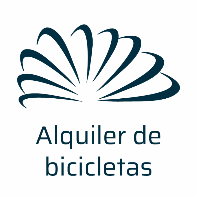 Logo de alquiler de bicicletas, con un diseño abstracto en forma de concha en tonos azul oscuro y texto claro en parte inferior.