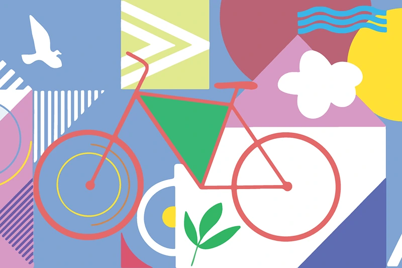 Bicicleta colorida sobre un fondo azul con figuras geométricas, plantas y elementos gráficos como nubes y un pájaro.