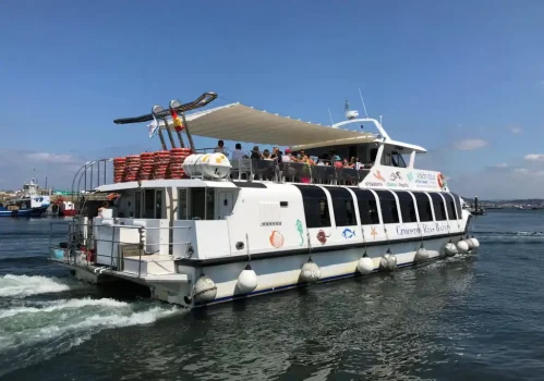 Catamarán turístico navegando por la ría en O Grove